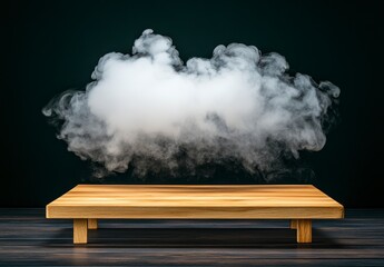 Wooden Platform with White Cloud Shape on Dark Background