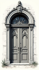 Ornate gothic-style door with a carved religious symbol on its left side, possibly depicting the Virgin Mary, set into an old stone wall.