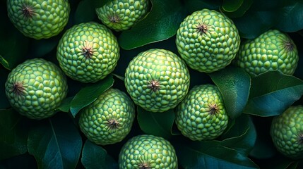Ripe custard apple growing on tree branch in lush tropical garden