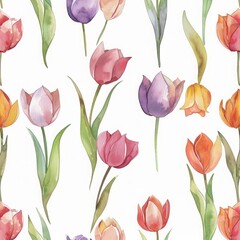 Obraz premium Seamless pattern with colorful tulips watercolor drawing abstract illustration on white background