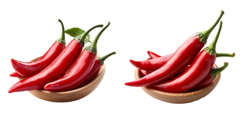Set of fresh red peppers in wooden bowl isolated on transparent background. PNG file