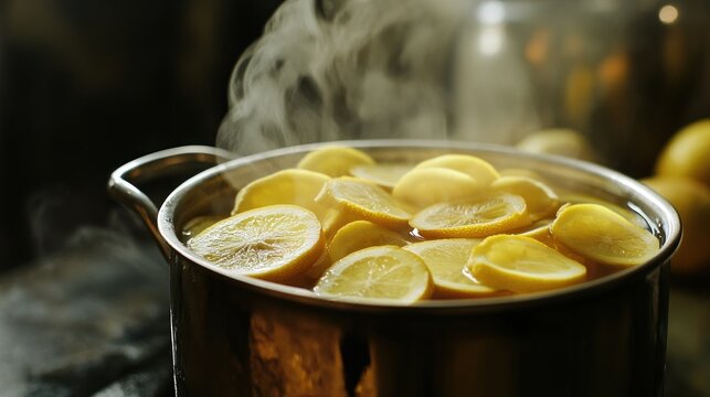 Simmering citrus: Homemade lemon elixir gently simmering in a steel pot
