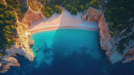 Pristine secluded cove with vibrant turquoise water and sandy beach nestled within dramatic cliffs