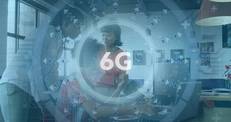 6G technology animation over diverse people collaborating in modern office - Powered by Adobe