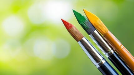 Fototapeta premium Detailed closeup of paintbrushes and vibrant paint strokes on canvas, a colorful artistic exploration