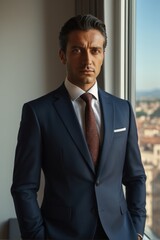 arafed man in a suit and tie standing in front of a window