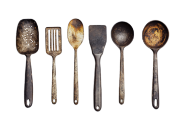 five old metal spoons and a spat Cutout and isolated and transparent background image
