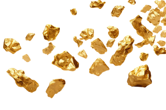 gold nuggets falling islolered  on transparent background