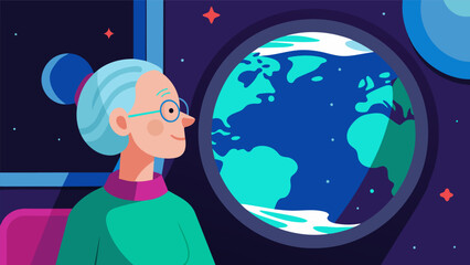 A retired school teacher marvels at the view of Earth from the window of her spaceship.. Vector illustration