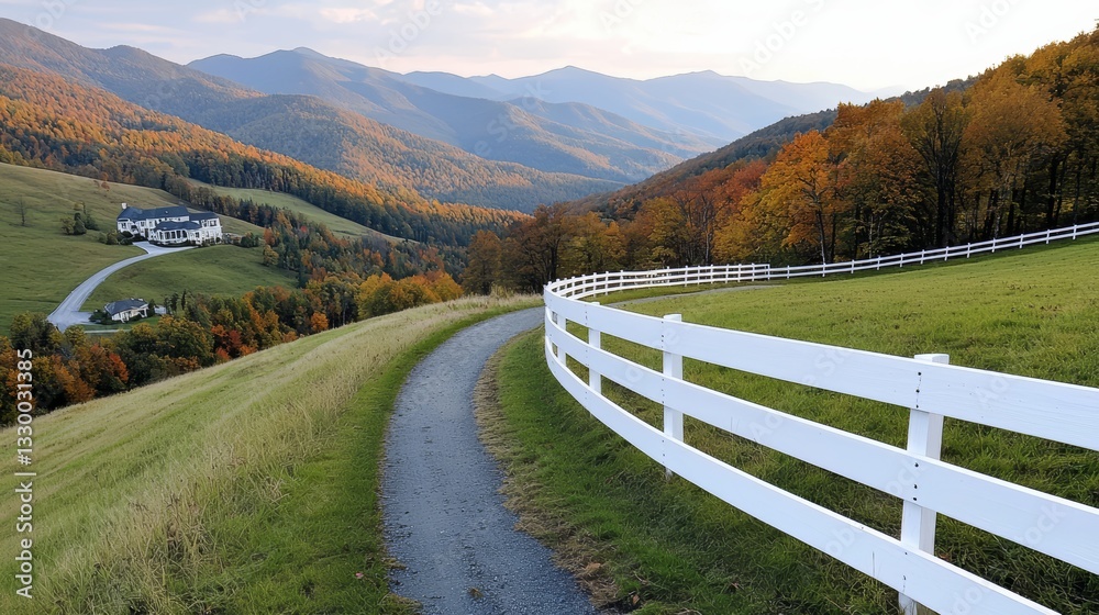 Poster White fence runs along a path in a grassy field. The fence is surrounded by trees and the mountains in the background. The scene is peaceful and serene