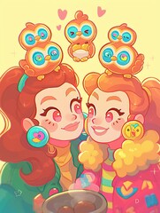 Two happy girls with cute birds on their heads, enjoying warm drinks together.