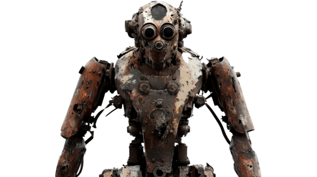 a metal robot standing on a white surface Cutout and isolated and transparent background image