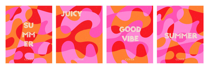 Set of abstract backgrounds with liquid shapes. Multicolored fluid graphics, summer layout, minimal packaging design, trendy curve cover art. Vector illustration. Print for advertising, promotions