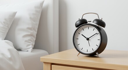 Naklejka premium Black Alarm Clock on Nightstand Next to Bed in Bedroom Setting
