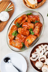 Stewed stuffed cabbage with mushrooms Ukrainian cuisine. Golubtsi is a dish of Ukrainian cuisine, also characteristic of Eastern European and Middle Eastern cuisine. Lean golubtsi. Dolma