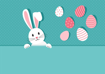 Easter rabbit and egg, spring white bunny, eggs hunt background, Easter card, cartoon poster, fun greeting banner. Holiday animal on green bg. Vector illustration