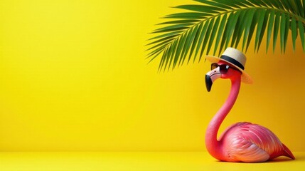 Obraz premium Pink Flamingo in Summer Hat and Sunglasses on Yellow Background with Palm Fronds