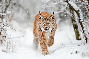 Fototapeta premium Majestic Lynx Walking Through Snowy Wilderness / Wild Lynx in a Winter
