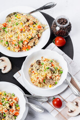Couscous is a dish made from wheat grains (semolina) or millet. Lean couscous with mushrooms, corn,...