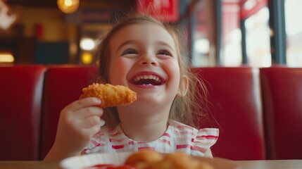 Cute little girl with dimples joyfully eating crispy chicken nuggets with ketchup in a stylish café booth, bright natural lighting and warm cheerful atmosphere