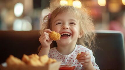 Cute little girl with dimples joyfully eating crispy chicken nuggets with ketchup in a stylish café booth, bright natural lighting and warm cheerful atmosphere