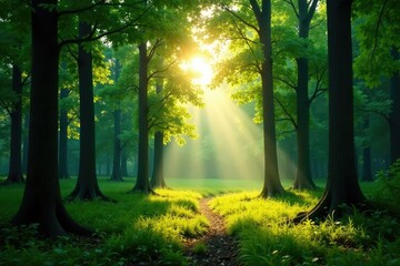 Obraz premium Sunlit forest glade with tall trees and dappled light, landscape, greenery, serenity