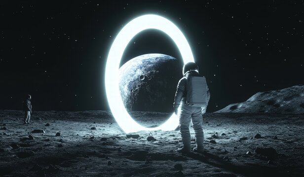 Cosmonautics Day. astronaut on the moon, gazing through a giant ring-shaped portal toward Earth. Surrounded by a starry sky, the scene evokes a sense of mystery and wonder