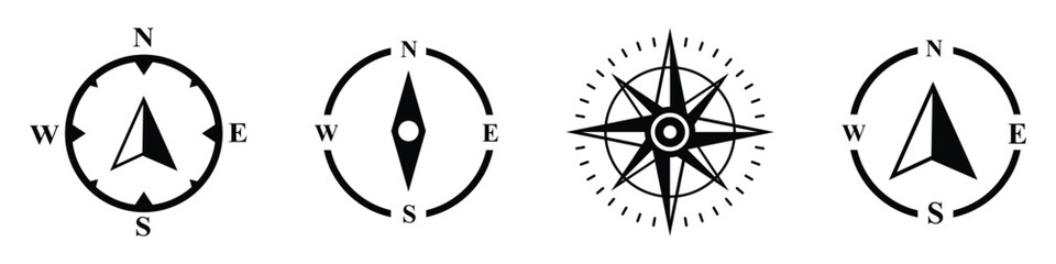 compass vector icon set. navigation compass with directions east, west, north, south. nautical wind rose icon. travel map compass. 