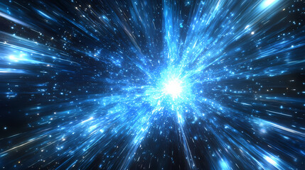 Abstract image of bright blue light bursting outward, evoking a futuristic, cosmic, or high-speed travel theme in space. Infinite Glow. Illustration