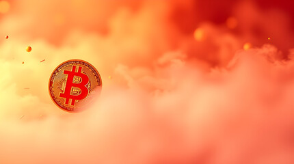 A warm and inviting bitcoin logo set in a soft, dreamy atmosphere, featuring reds, oranges, and yellows. Hazy soft light enhances the dreamlike quality.