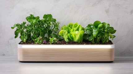 Fototapeta premium Contemporary wooden plant holder with integrated LED grow lights, hightech interior gardening
