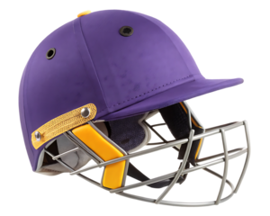 purple cricket helmet with yellow strap