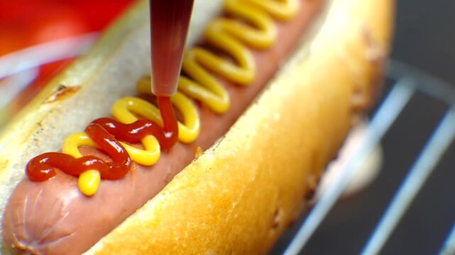 Hot dog with mustard and ketchup toppings . Fast food 