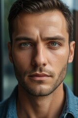 Obraz premium arafed man with a blue shirt and a beard looks at the camera