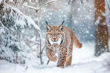 Obraz premium Majestic Lynx Walking Through Snowy Wilderness / Wild Lynx in a Winter