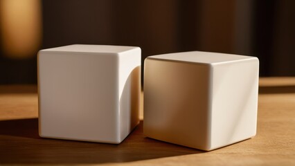 Obraz premium Stylish white cubes mockup on wooden surface for creative design projects.