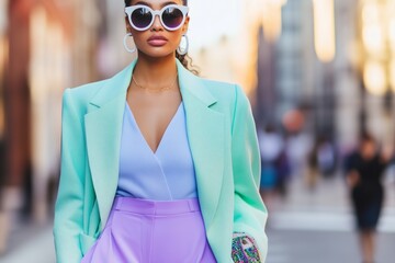  stylish woman walking confidently down a bustling city street, wearing a chic pastel outfit. She pairs wide-leg lilac trousers with a textured blue top and an oversized mint green blazer
