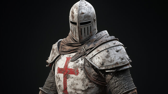 A medieval Templar knight in heavy metal armor with a white cloak adorned with a red cross. His aged helmet with eye slits and battle-worn armor highlight his combat experience