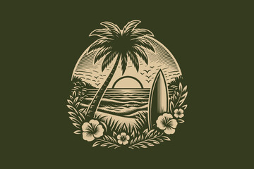 Vintage tropical beach scene with palm, surfboard, and sunset