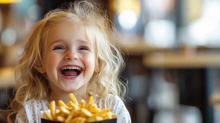 Happy little girl with blonde curls smiling while eating crispy golden French fries in a cozy café with warm natural lighting and a joyful expressive face