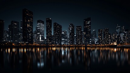 Naklejka premium City skyline reflecting in calm water at night.