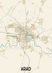 This is a detailed map of the city of Arad, Romania. The map features a beige background with black lines representing roads and streets. A winding river flows through the city.
