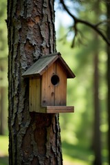 Rustic Wooden Birdhouse Attached to a Tree Trunk in a Forest Setting