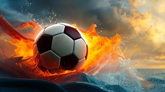 Feuerball Fu&szlig;ball mit explosiver Energie auf dem Feld