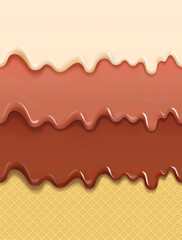 Waffles and chocolate, vector seamless pattern Dripping chocolate ice cream on a waffle background. Dark and white chocolate melting on wafer texture, Liquid topping pattern