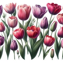 Fototapeta premium Lovely tulips in vivid pink and purple tones, floral illustration perfect for home decor, spring garden artwork.