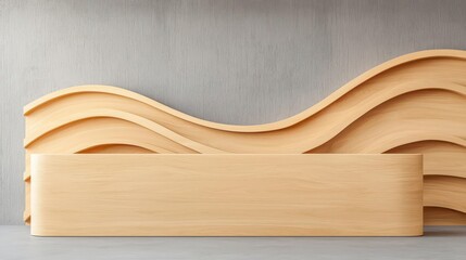 Wavepatterned wooden reception counter with CNCcarved details, seamless flow design, and natural wood tones, artistic and modern workspace feature