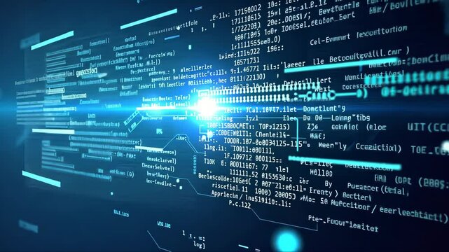 Business finance background. Computer screen with a blue background and a bright light shining on it. The screen is filled with a lot of small blue dots, which could represent code or data