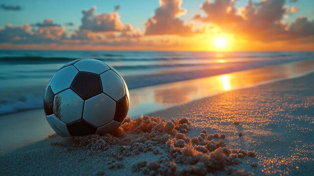 Fu&szlig;ball liegt malerisch am Strand in der Abendsonne