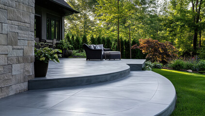 Concrete patio features a smooth curved edge, providing a cozy outdoor seating area decorated with plants and surrounded by trees